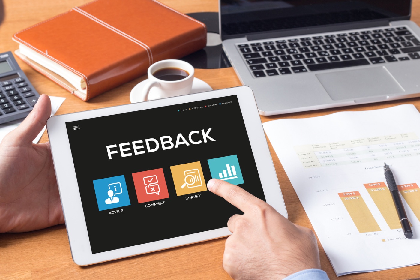 A tablet showing a feedback survey