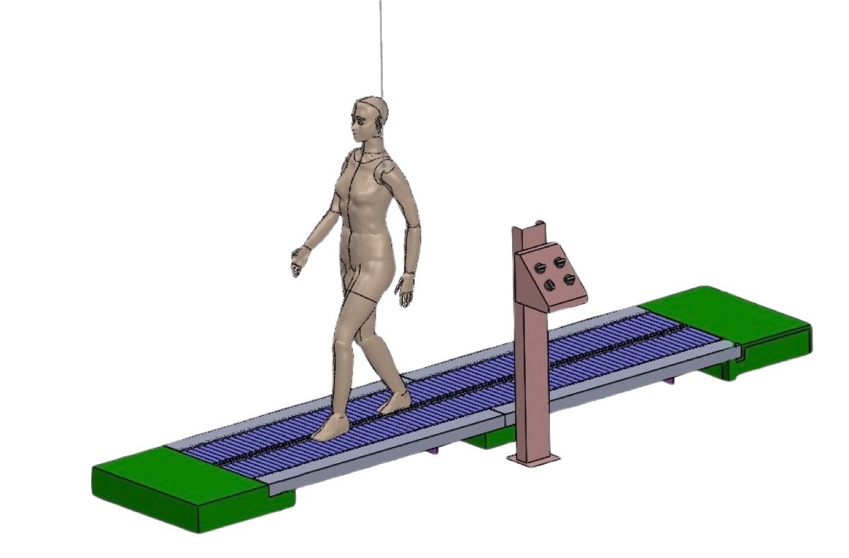 3D model of a person walking across the Surefooted Trainer's roller tables