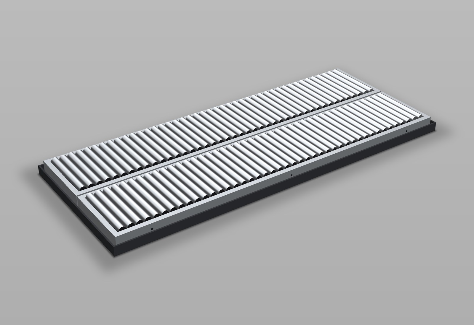 Rendering of the Surefooted Trainer Essential: two aluminum roller tables side by side in a steel frame